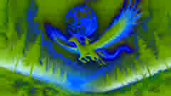 A large winged Hippogriff soaring through the night sky, carrying a rider, illuminated by the moonlight over a forest.