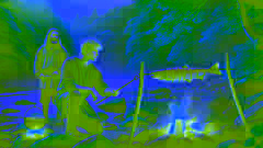 Finn MacCool cocinando el Salmón de la Sabiduría junto a un río tranquilo, con Finegas observando entre la exuberante vegetación.