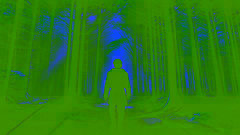 Eamon walks deeper into a dense, shadowed forest, surrounded by towering trees with only faint light filtering through.