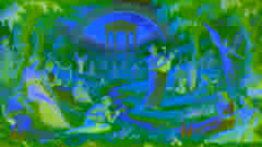 Orfeo toca su lira en los Campos Elíseos, encantando almas entre prados verdes y vibrantes flores silvestres.