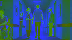 Nurse leading a pale young man down a hospital hallway, parents watching from the doorway.