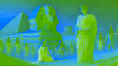 Greek historian Herodotus documenting the Sphinx partially buried in sand, as priests perform rituals under the dawn's glow.