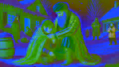 Bahram, nun verwandelt, hüllt seinen Mantel um einen jungen Jungen, Arash, an einem verschneiten Tag im Dorf.