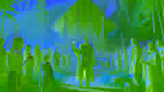 The young man returns to his village, where villagers welcome him, and the Spirit Bear watches from the forest.