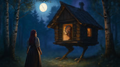 La cabaña de Baba Yaga, con patas de gallina, en el bosque iluminado por la luna, mientras Marya se acerca.