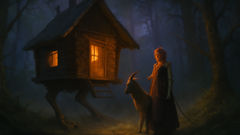 La cabaña con patas de gallina de Baba Yaga brillando al anochecer, con Alyonushka parada frente a ella.