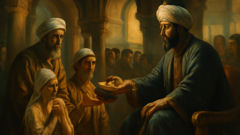 Corte del palacio de Bagdad con el visir Ja'far presentando pruebas al califa Harún al-Rashid