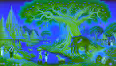 Una vieja elefante y una vaca blanca llevan vasijas con agua bajo un frondoso árbol de higuera.