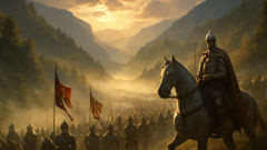 Frankish army led by Roland advancing through misty Pyrenees at dawn