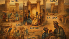 Une tapisserie en forme de carte illustrant les fils de Bayajidda, fondateurs des sept États haoussa, avec des scènes de marchés et de palais le long des bordures.