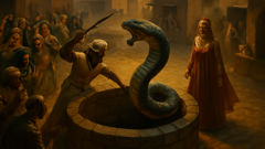 Bayajidda affronte un gigantesque serpent près du puits, tandis que la reine observe depuis le rebord et que les villageois se rassemblent à une distance de sécurité.