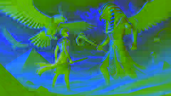 Horus se enfrenta a Set en un paisaje desértico, ambos vestidos con armaduras egipcias, mientras una tormenta gira a su alrededor.