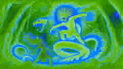 Huitzilopochtli stands in fiery glory, wielding his serpentine weapon, facing Coyolxauhqui as the battle begins.