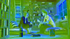 Hazel and Augustus reading and discussing a book in a cozy living room with bookshelves and soft lighting.