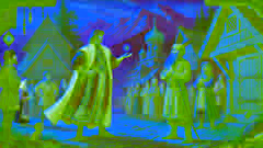 Rostam regresa a su aldea tras visitar el Castillo de las Hadas, sosteniendo en su mano una piedra encantada.