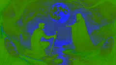 Cathal kneeling before the Morrigan in her crone form by the river, holding a black obsidian dagger.