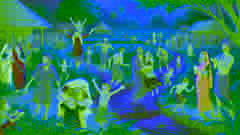 A joyful village scene with villagers celebrating the return of water and greenery to their land.