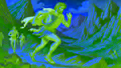 Fedípides corriendo a través de un terreno accidentado hacia Esparta, mostrando el desafiante paisaje.