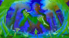 Island of Giants: Liam being held by a giantess, Brigid, with a backdrop of enormous trees and giant-sized plants. The scene is vibrant with detailed textures and bright colors.