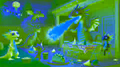 Un dragón accidentalmente come salsa picante, escupiendo fuego mientras otros dragones reaccionan y Tom corre con un balde de agua.