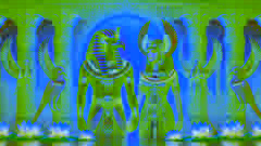 Hathor y Horus de pie juntos junto al Nilo, vestidos con vestiduras reales egipcias y rodeados de una luz dorada.