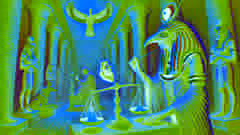 Thoth consigne le rituel de la Pesée du Cœur, tandis qu'Anubis ajuste les balances dans la Salle de Maât.
