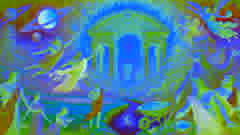 Hefesto forja las puertas del Elíseo bajo la atenta mirada de Zeus, rodeado de dioses que moldean un paraíso celestial.