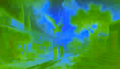 Un viajero misterioso habla con un joven aldeano griego en campos iluminados por el sol.