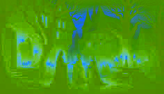 Uma donzela pálida permanece tremendo em um corredor do castelo iluminado por tochas, enquanto três nobres irmãs a encaram com ódio.