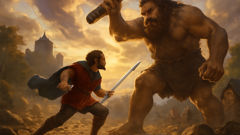 Bevis fights the giant Ascapart near ruined hamlet