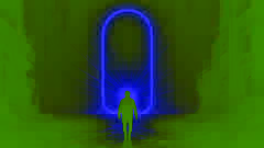 Uma silhueta entrando em um portal cegante de energia branca pura.