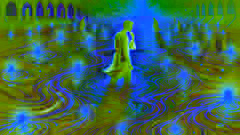 Reza atraviesa un río iluminado por luces brillantes que reflejan visiones de su pasado y su futuro.