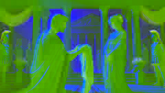 Médée tend à Glauce une robe maudite, tandis que Jason les observe de loin, déchiré entre sa loyauté et ses ambitions.