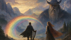 The rainbow Bifröst bridge with Odin and Freyja meeting Eyvindur at its edge.