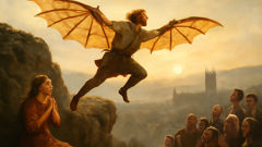 King Bladud attempts flight with artificial wings from Bath’s cliffs
