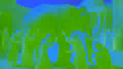 Descripción detallada de unos hombres ciegos tocando diferentes partes de un elefante: el costado, el colmillo, la trompa, la pata, el vientre y la cola.