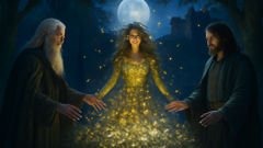 Blodeuwedd arises from a swirl of oak, broom, and meadowsweet blossoms in a moonlit forest clearing.