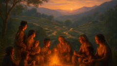 Fields of maize and beans under a luminous sunset, villagers gathered for a harvest festival