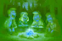 Amigos reunidos alrededor de una fogata compartiendo historias del Boo Hog.