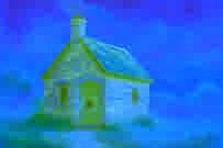 Casa de ladrillos construida por el tercer cerdito, con chimenea y puerta reforzada con aros de hierro.