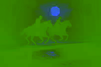 Un hombre aterrorizado a caballo cruzando a toda prisa un estrecho puente bajo la luz de la luna.