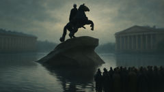 The Bronze Horseman monument reflected in floodwaters on Senate Square