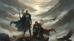 براينهيلدر وسيغرين تتشاوران وهما تحملان محاربًا سقطًا فوق وادٍ مملوء بالضباب، وهو ما يبرز الجهد الأخلاقي الحميم للاختيار.