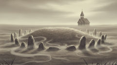 تل دفن محاط بحلقة حجرية ومغطّى بالضباب، وهو المشهد الكلاسيكي لقصص دراغر.