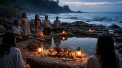 Un rituel au bord du littoral au crépuscule : une petite offrande déposée sur un rocher, des lanternes et le chœur bas d’un chant créole qui rend hommage à Bwạr Lerwa.