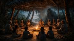 Des aînés partageant les récits d'origine de Bwạr Lerwa, sous les pandanus et les takamaka, où les chants et les rites d'avertissement ont fleuri.