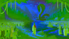 La serpiente Kaliya se inclina en señal de sumisión, abandonando el río Yamuna, mientras Krishna se erige victorioso en la orilla.