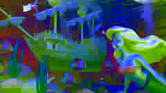 Ariel the mermaid princess swimming near the surface, gazing at a ship adorned with colorful flags.