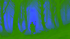Finn MacCool caminando en un bosque brumoso al amanecer, sosteniendo una lanza, su figura se funde con la niebla y los árboles milenarios.