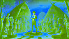 Jara stands proudly in his village, holding the glowing stone, surrounded by cheering villagers.